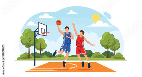 Modern vector illustration of teenagers playing basketball outdoors under clear spring sky in community playground