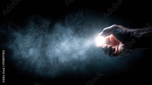 Hand holding small glowing light with dramatic smoke and mist explosion on dark black background