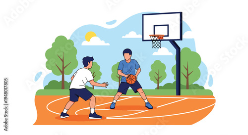Modern vector illustration of teenagers playing basketball outdoors under clear spring sky in community playground