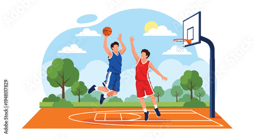 Modern vector illustration of teenagers playing basketball outdoors under clear spring sky in community playground