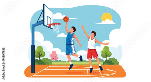 Modern vector illustration of teenagers playing basketball outdoors under clear spring sky in community playground