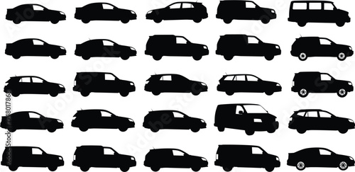 Black silhouettes of various cars and vans on white background vehicle