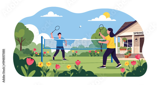 Modern vector illustration of badminton game in backyard garden surrounded by blooming flowers during spring season