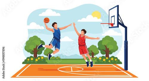 Modern vector illustration of teenagers playing basketball outdoors under clear spring sky in community playground