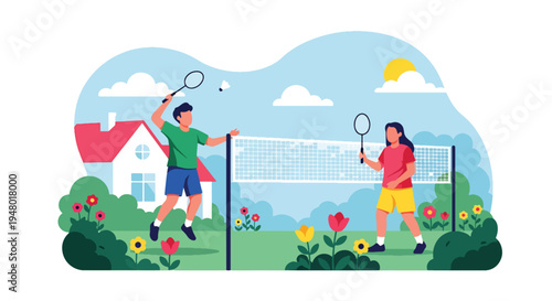 Modern vector illustration of badminton game in backyard garden surrounded by blooming flowers during spring season