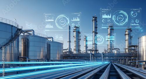 Oil refinery industrial plant with digital technology data interface energy production petroleum processing pipelines storage tanks modern industry infrastructure
