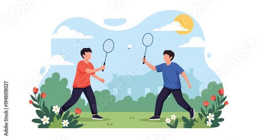 Modern vector illustration of badminton game in backyard garden surrounded by blooming flowers during spring season