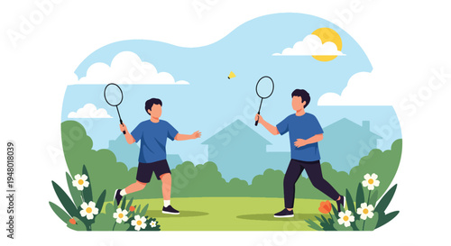 Modern vector illustration of badminton game in backyard garden surrounded by blooming flowers during spring season