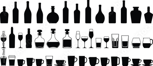 Black silhouettes of various bottles and glasses on white background wine