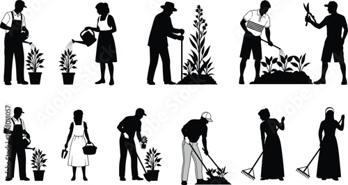 Gardening activity silhouettes set, people planting watering plants collection, garden workers tools, agriculture lifestyle, black isolated vector illustration