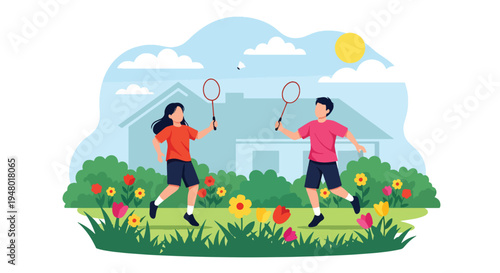 Modern vector illustration of badminton game in backyard garden surrounded by blooming flowers during spring season