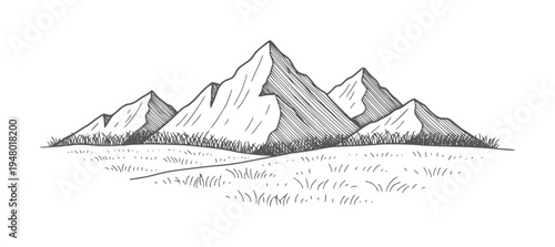 Hand drawn of a mountain range with grassy foreground mountains landscape nature