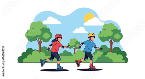 Modern vector illustration of kids roller skating in sunny park with blooming trees during fresh spring afternoon