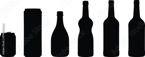 Black silhouettes of various beverage bottles and cans wine