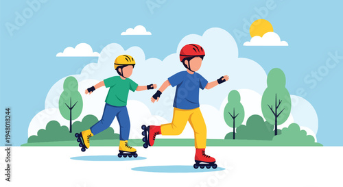 Modern vector illustration of kids roller skating in sunny park with blooming trees during fresh spring afternoon