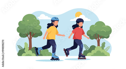 Modern vector illustration of kids roller skating in sunny park with blooming trees during fresh spring afternoon