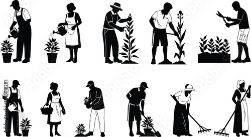 Gardening people silhouettes set, farmers planting watering plants collection, garden work activities, agriculture workers, black isolated vector illustration