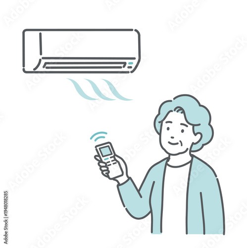 エアコン（冷房）で室温調節をする高齢女性のイラスト