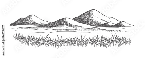 Hand drawn of rolling hills and grass landscape mountains nature