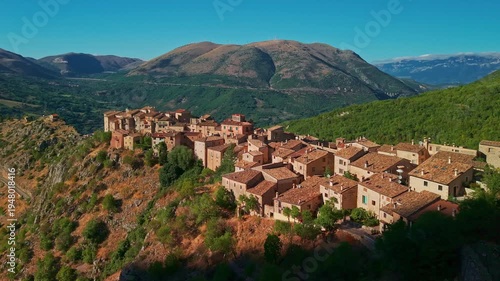 Aerial view of hilltop medieval village Castrovalva in Abruzzo