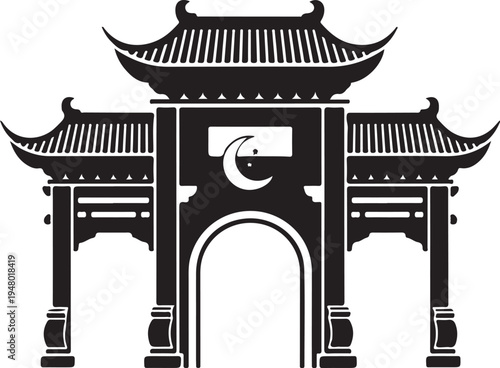Traditional Chinese gate with pagoda style roof and crescent moon symbol