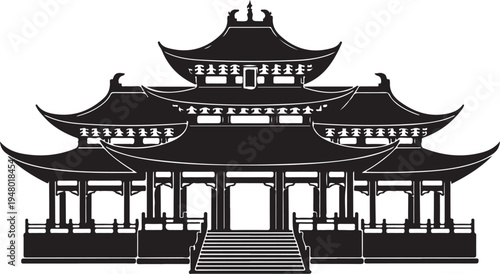 Traditional chinese temple building with pagoda roof and staircase