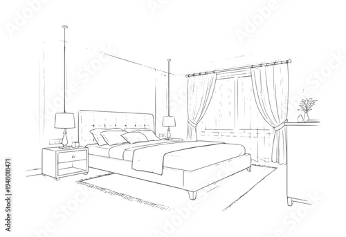 Of a bedroom interior with a bed nightstand and dresser