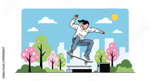 Modern vector illustration of teenager skateboarding in park with blooming trees during sunny spring day