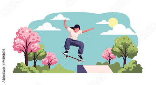 Modern vector illustration of teenager skateboarding in park with blooming trees during sunny spring day