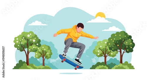 Modern vector illustration of teenager skateboarding in park with blooming trees during sunny spring day