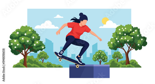 Modern vector illustration of teenager skateboarding in park with blooming trees during sunny spring day