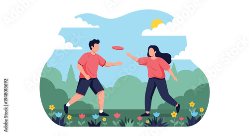 Modern vector illustration of couple playing frisbee in open meadow with blooming flowers during spring afternoon