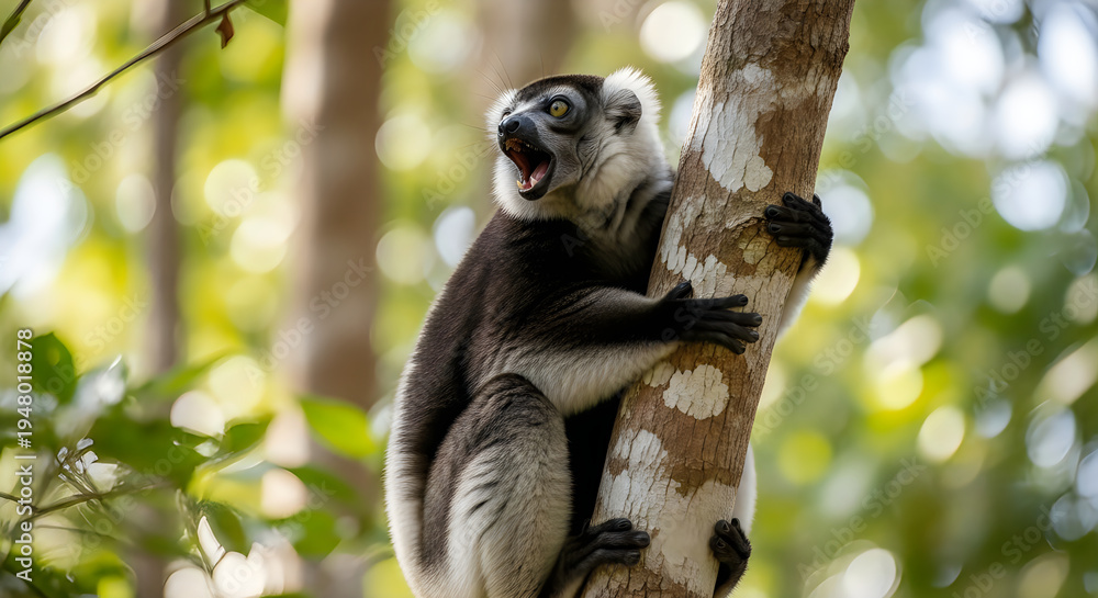 Fototapeta premium Indri Lemur Calling in Tree Vertical Rainforest Shot