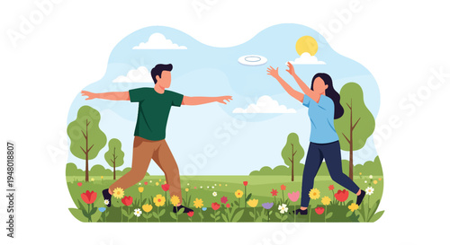 Modern vector illustration of couple playing frisbee in open meadow with blooming flowers during spring afternoon