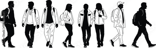 Group of students walking, college campus lifestyle, diverse young people silhouettes, backpacks, education concept, university life, youth community, modern study