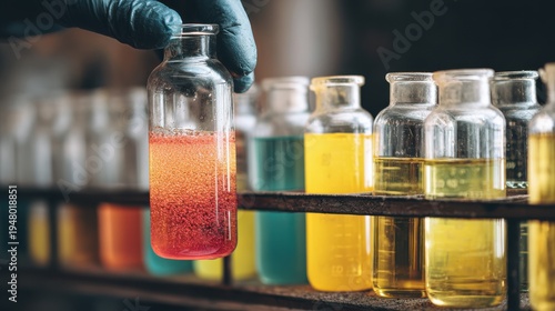 Chemical experiment in laboratory science setting colorful solutions close-up view innovative research