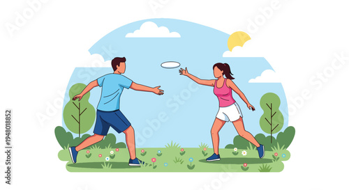 Modern vector illustration of couple playing frisbee in open meadow with blooming flowers during spring afternoon
