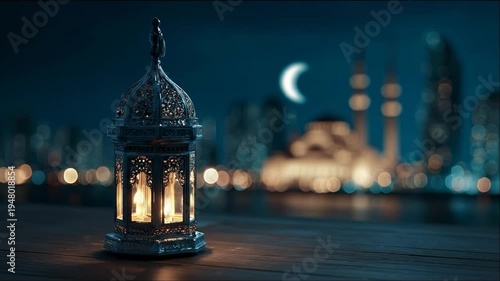 Ramadan Lantern with Ornate Design and Glowing Light on Wooden Table Against Blurry Mosque, Cityscape, and Crescent Moon at Night, Evoking Islamic Celebration and Spirituality