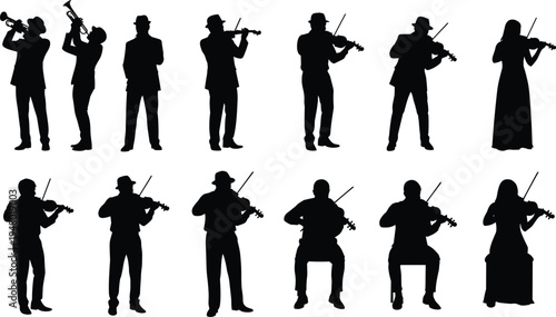 Musician silhouettes set, violin and trumpet players performing collection, classical music orchestra artists, black isolated vector illustration