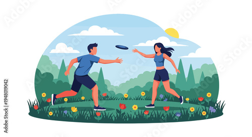 Modern vector illustration of couple playing frisbee in open meadow with blooming flowers during spring afternoon