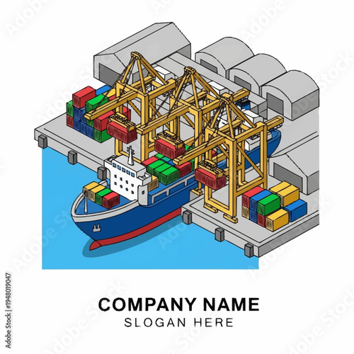 Isometric illustration of a cargo ship being loaded at a port.