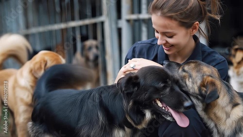 Female volunteer interacts with rescued dogs at an animal shelter during the afternoon, showcasing compassion and care for abandoned pets