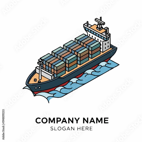 Isometric illustration of a cargo ship transporting containers on the ocean, with company branding at the bottom.