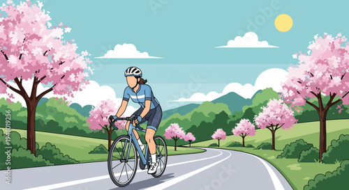 Modern vector illustration of cyclist riding through countryside road with blooming trees in fresh spring atmosphere
