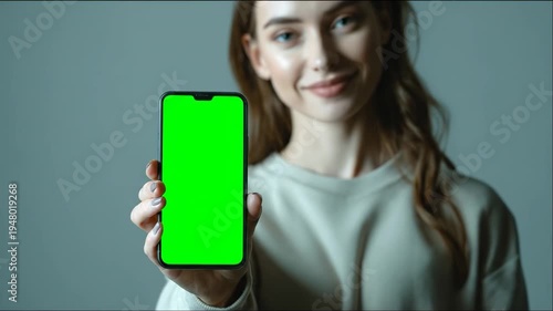 Young Woman Holding Modern Smartphone with Blank Green Screen Display Mockup