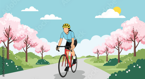 Modern vector illustration of cyclist riding through countryside road with blooming trees in fresh spring atmosphere