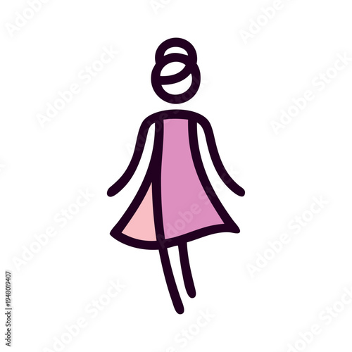 Logotipo de boutique de moda femenina. Dibujo sencillo con líneas de una mujer de pie con un vestido, vista de frente