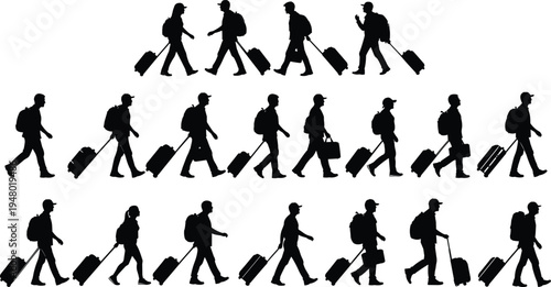 Traveler walking with suitcase silhouettes set, airport passenger luggage people collection, tourism travel journey vector illustration isolated