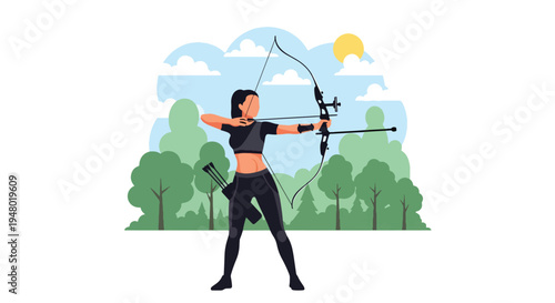 Modern vector illustration of archery training session in forest clearing during spring season