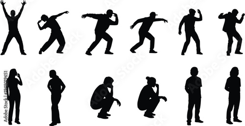 Street dance people silhouettes set, hip hop dancers and casual standing poses collection, urban lifestyle, black isolated vector illustration